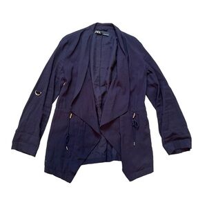Zara Flowy Drawstring Jacket Navy Blue Size Med Long Sleeve Open Waterfall Front